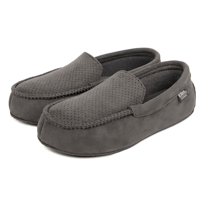 Isotoner® Mens Airtex Suedette Moccasin Slippers Grey Extra Image 1